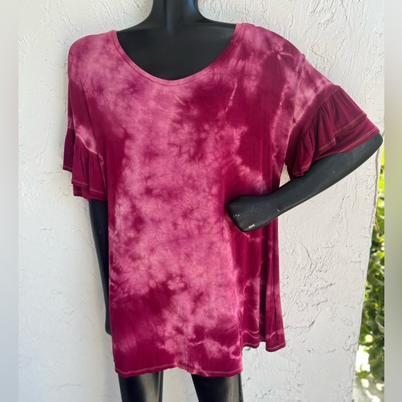 3/$25 NWT Super Comfy Hand Tie-dyed Ruffled Sleeve Rayon T Raspberry - Picture 2 of 5